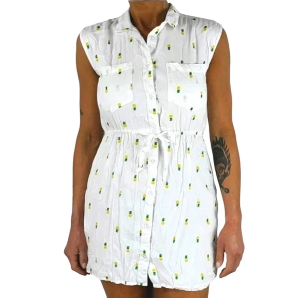 Japna Cotton Pineapple Polka Dot Button-down Mini Dress SizeXSmall Pockets White - Picture 5 of 6